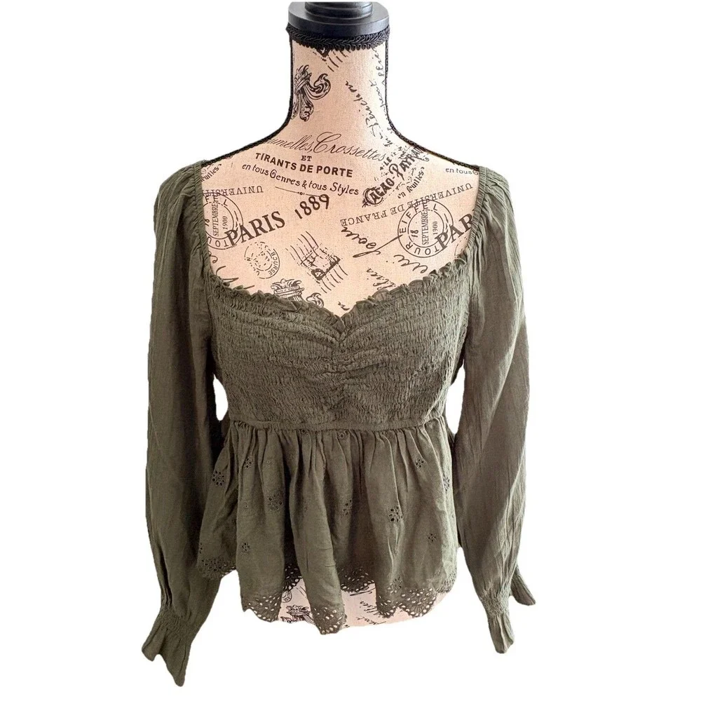 American Eagle Green Eyelet Long Sleeve Large Crop Top Fairycore Cottagecore
